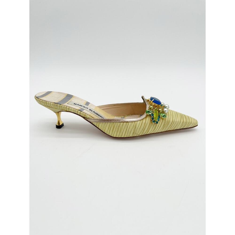 Manolo Blahnik Retro Green Striped Crystal Pointed Toe Kitten Heel Mules IT 36.5 - Picture 4 of 12